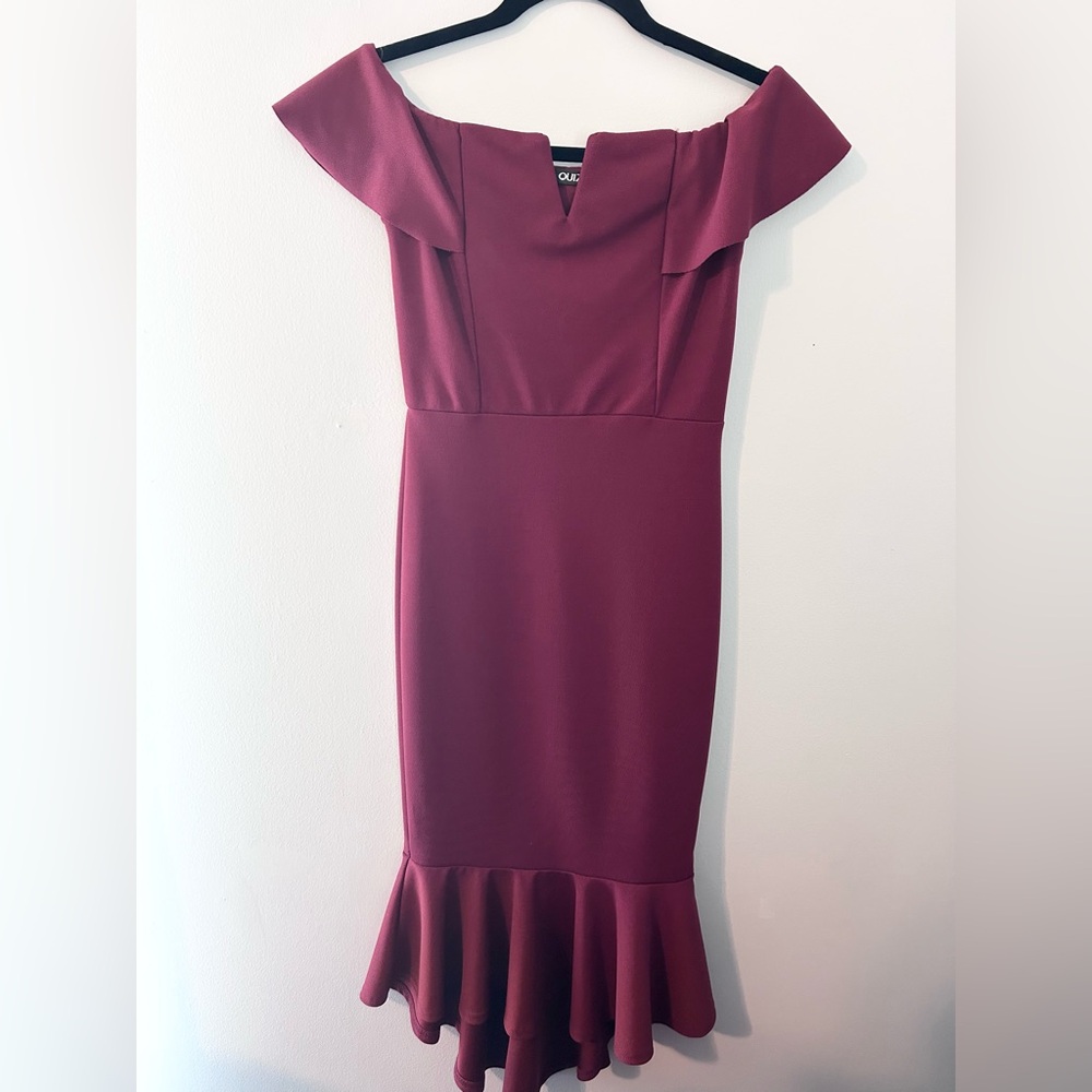 Chic Elegant Off-Shoulder Burgundy Mermaid Midi Dress, Size US 4